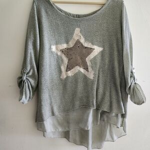 Wool, Mohair and Linen, Sage & Gold Metallic Knit Top With Sequin/Painted Star